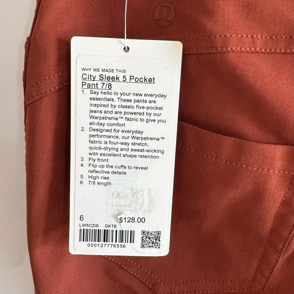 Lululemon Womens City Sleek 5 Pocket Pant 7/8 Size 6 Terracotta Orange